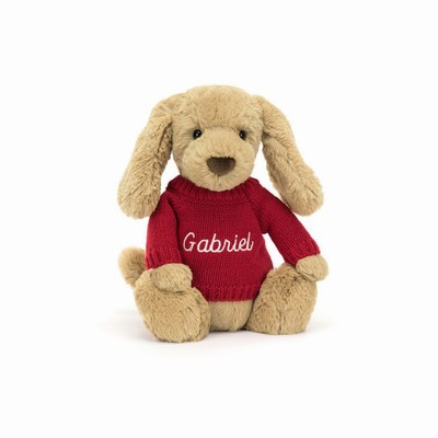 Jellycat Bashful Toffee Puppy with Red Jumper USA | 86917FWGE